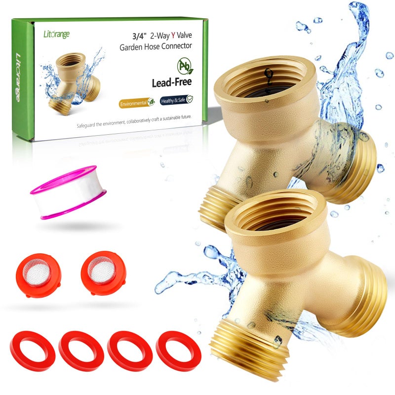 Litorange (2 PACK) Solid Brass Lead-Free Body Backyard 2 Way Y Valve Garden Hose Connector MHT 3/4" Inch Thread Splitter Adapter + 4 Silicone Hose Washers - Image 1